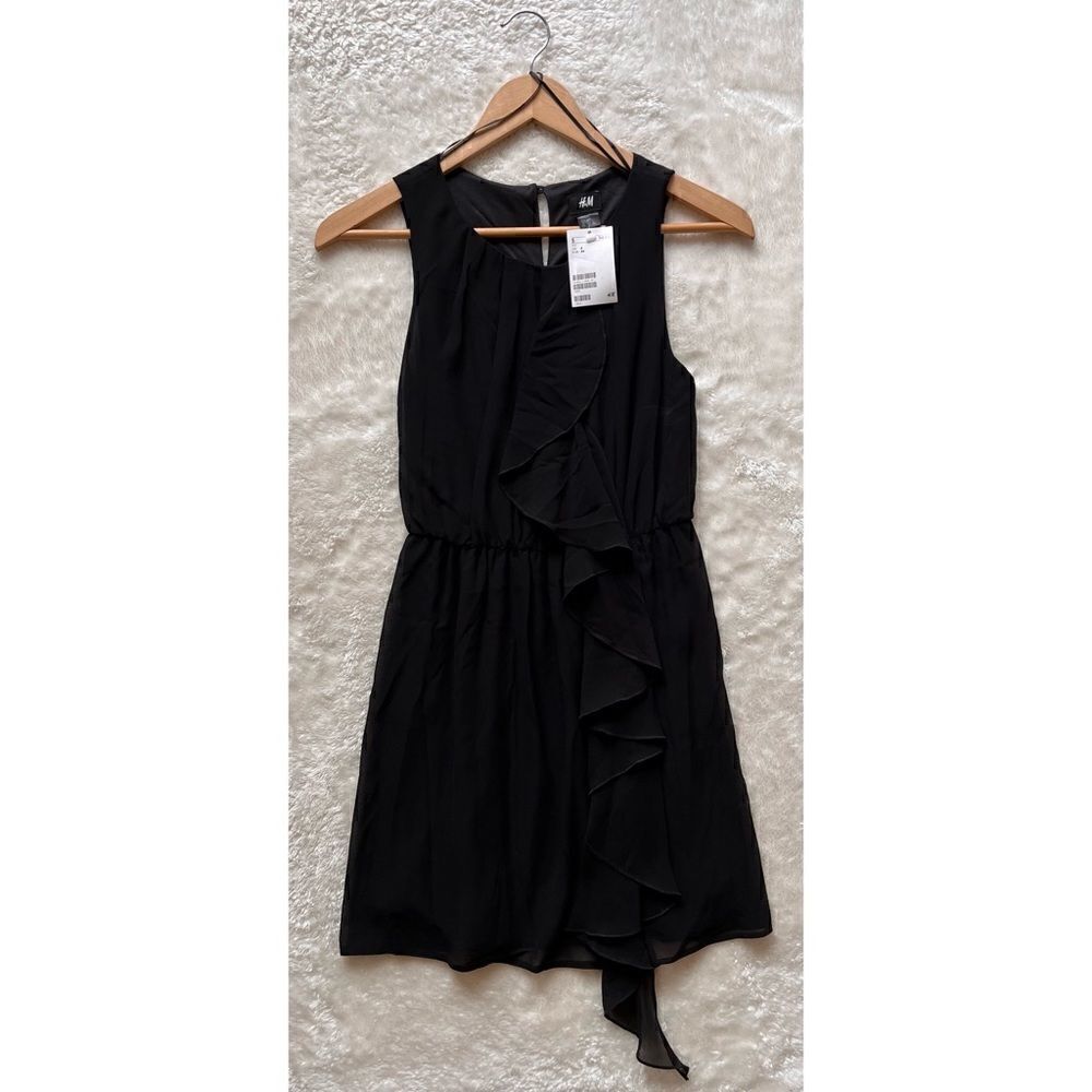 NWT H&M Black Sleeveless Mini Dress with Front Ruffle, Size 4